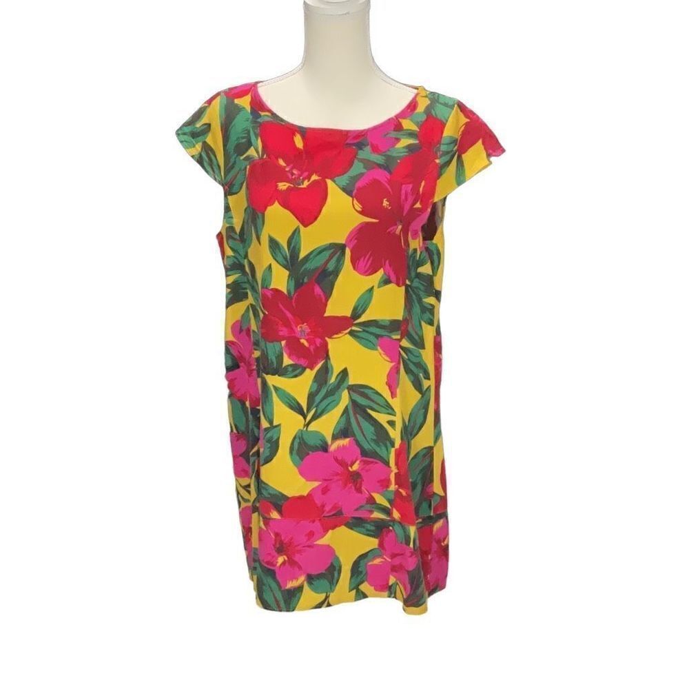 For Cynthia Petite Linen Blend Hawaiian Dress Hibiscus Red Pink Mustard Size PXL